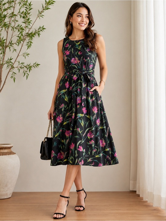 Elle Dresses & Skirts - Elle Black Floral Tie-Waist Midi Dress with Pink & Green Print